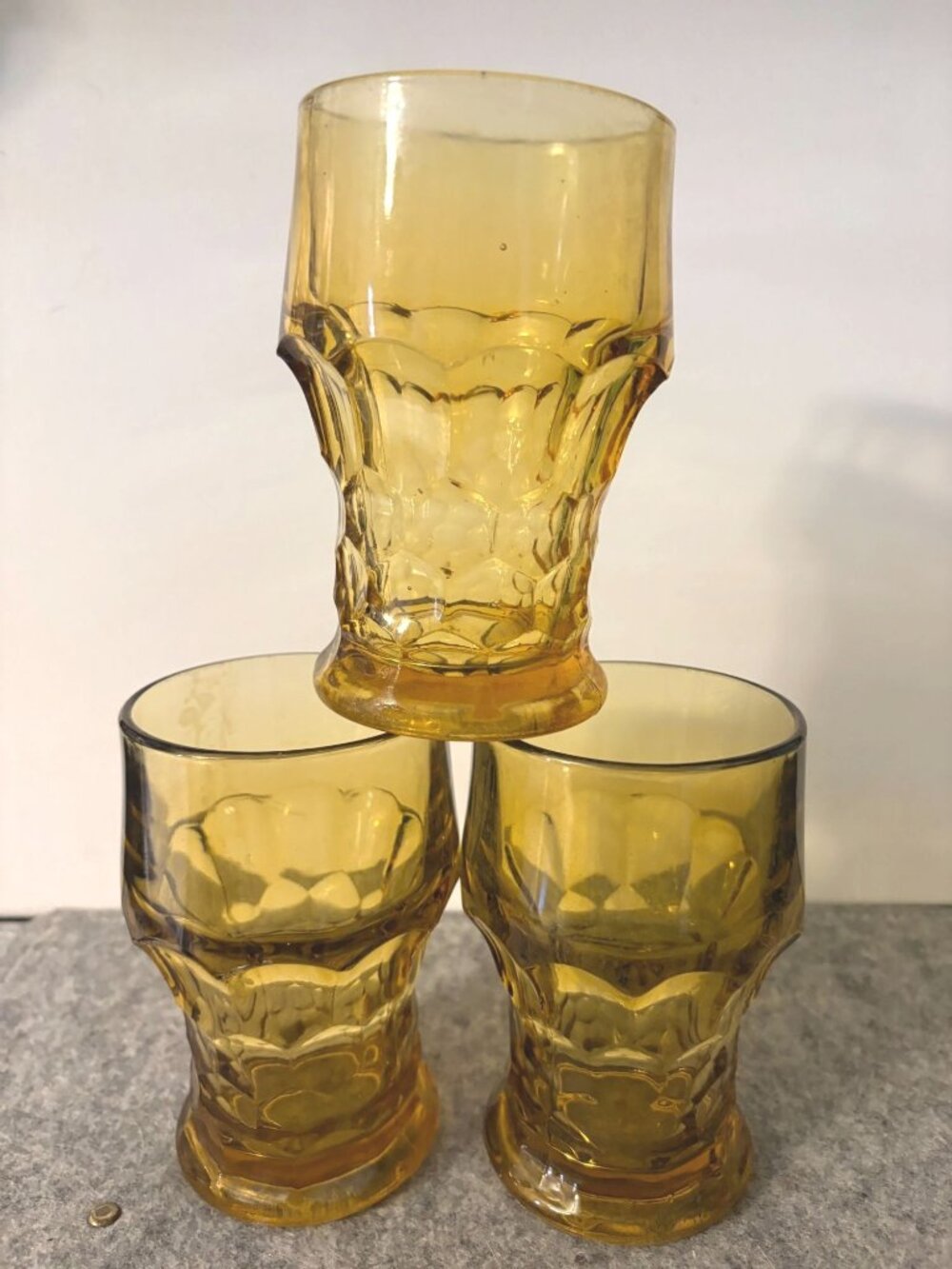3 Vintage Anchor Hocking Georgian Amber Honeycomb Glasses 5" Tall  # 3383